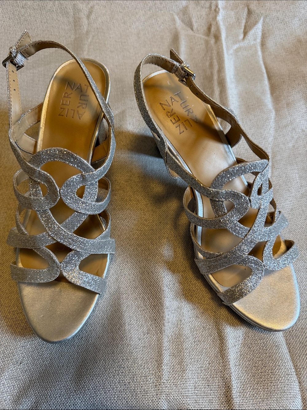 Naturalizer Silver Glitter Strappy Slingback Heels